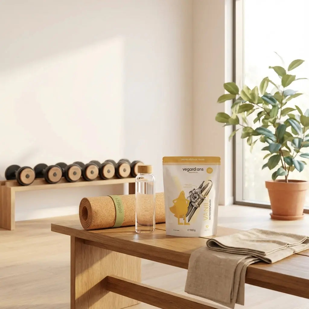 Minimalistische Fitnessstudio-Szene mit Hanteln, Matte und Vegardians-Produkt im sanften Morgenlicht; vermittelt krafttraining gesundheit, Ruhe und Vertrauen.