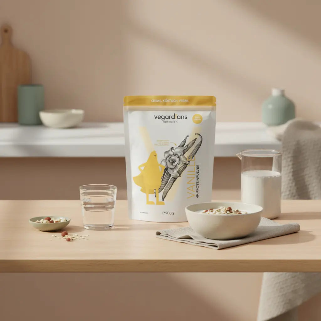 Helle Trainingsküche mit nachhaltigem Holztisch, Glas Wasser, Hafer mit Nüssen, Shake und dem Produkt aus den Referenzfotos – minimalistisches Stillleben für Krafttraining Plan