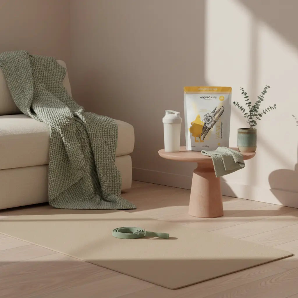 Helles Wohnzimmer mit Trainingsbereich: Matte, Widerstandsbänder und Shaker für Krafttraining zuhause in nachhaltiger, minimalistischer Ästhetik