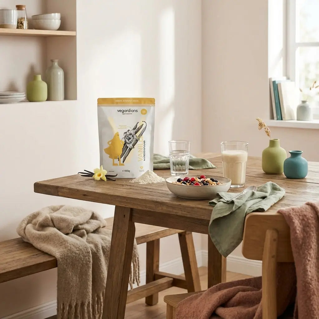 Sanfte Morgenaufnahme einer europäischen Küche mit Holztisch, veganer Müsli-Bowl, Shake, Glas Wasser und Vegardians-Produkt im Vordergrund; kreatin wirkung frauen