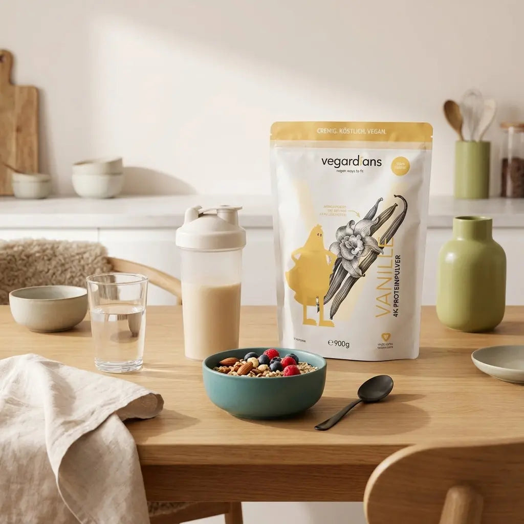 Minimalistische europäische Küche bei Morgenlicht: Holztisch mit Glas Wasser, Proteinshake im Shaker, Schale Haferflocken, Nüsse und Beeren, Produkt aus den Referenzfotos; kreatin wirkung