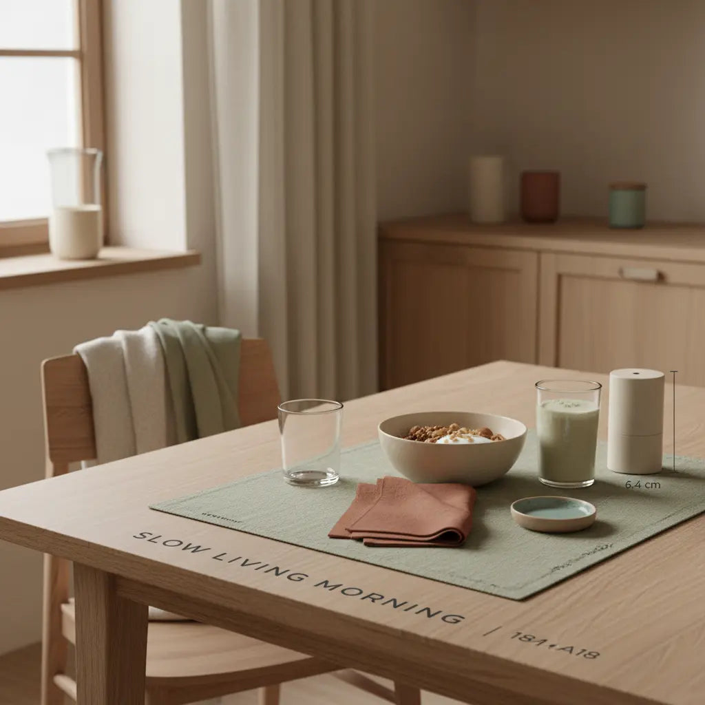 Minimalistisches Morgenfrühstück in einer europäischen Küche mit Glas Wasser, Granola mit Joghurt und Nüssen sowie einem Pflanzen‑Shake, winterliche Leinen‑ und Wolltexturen; Thema: Kreatinin senken.