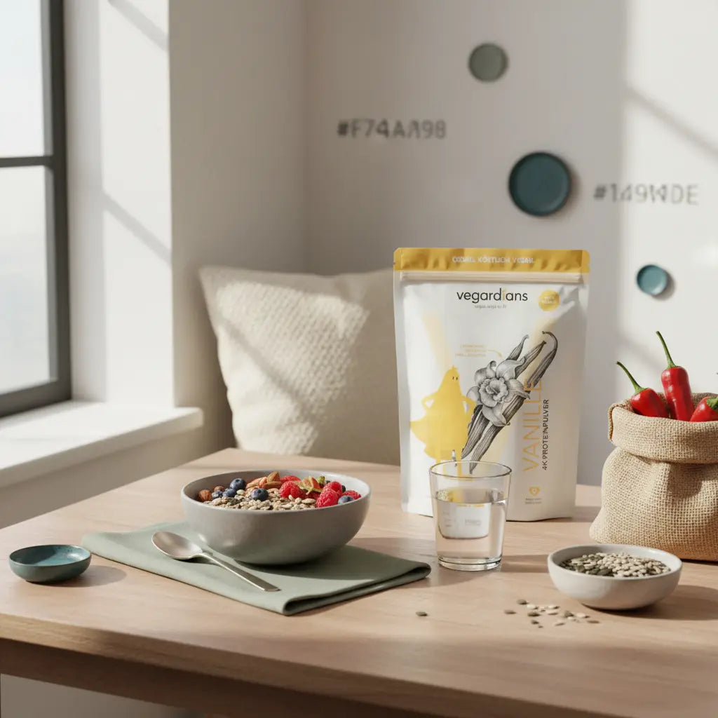 Minimalistische Frühstücksszene mit pflanzlicher Protein-Bowl, Glas Wasser, Jutebeutel mit Chilischoten und Samen – lebensmittel die den stoffwechsel anregen