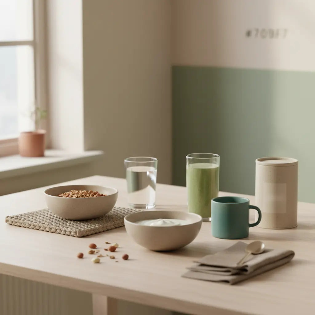 Minimalistisches Frühstück mit Granola, pflanzlichem Joghurt, Nüssen und Shake auf nachhaltigem Tisch in sanftem Morgenlicht – Lebensmittel, die Muskelaufbau behindern