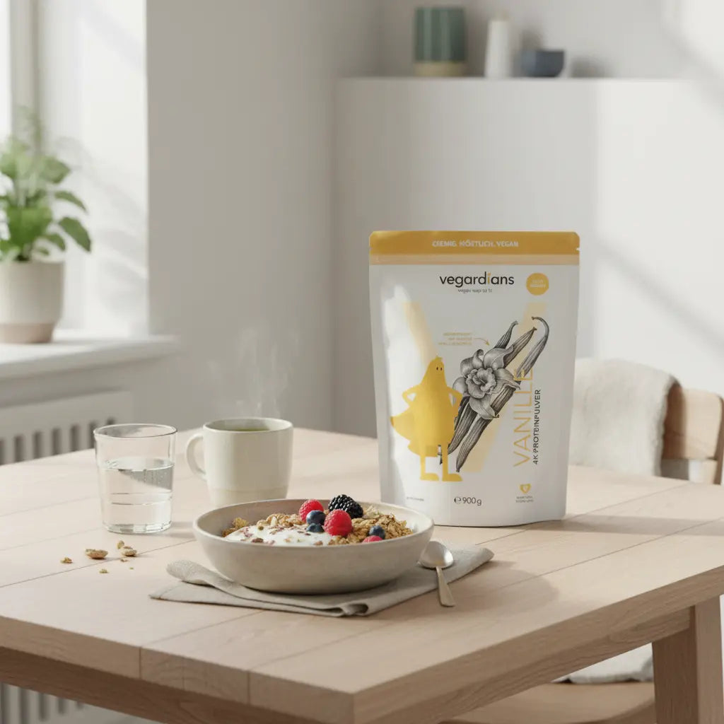 Minimalistische Küchenszene mit veganer Mahlzeit (Müsli mit pflanzlichem Joghurt, Nüsse, Beeren), Glas Wasser und Grüntee auf Holztisch – Lebensmittel Fettverbrennung