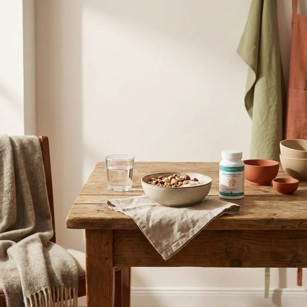 Veganer Frühstückstisch mit Müsli, pflanzlichem Joghurt, Nüssen und Proteinshake auf nachhaltigem Holztisch im sanften Morgenlicht — Lebensmittel für gesundes Haar