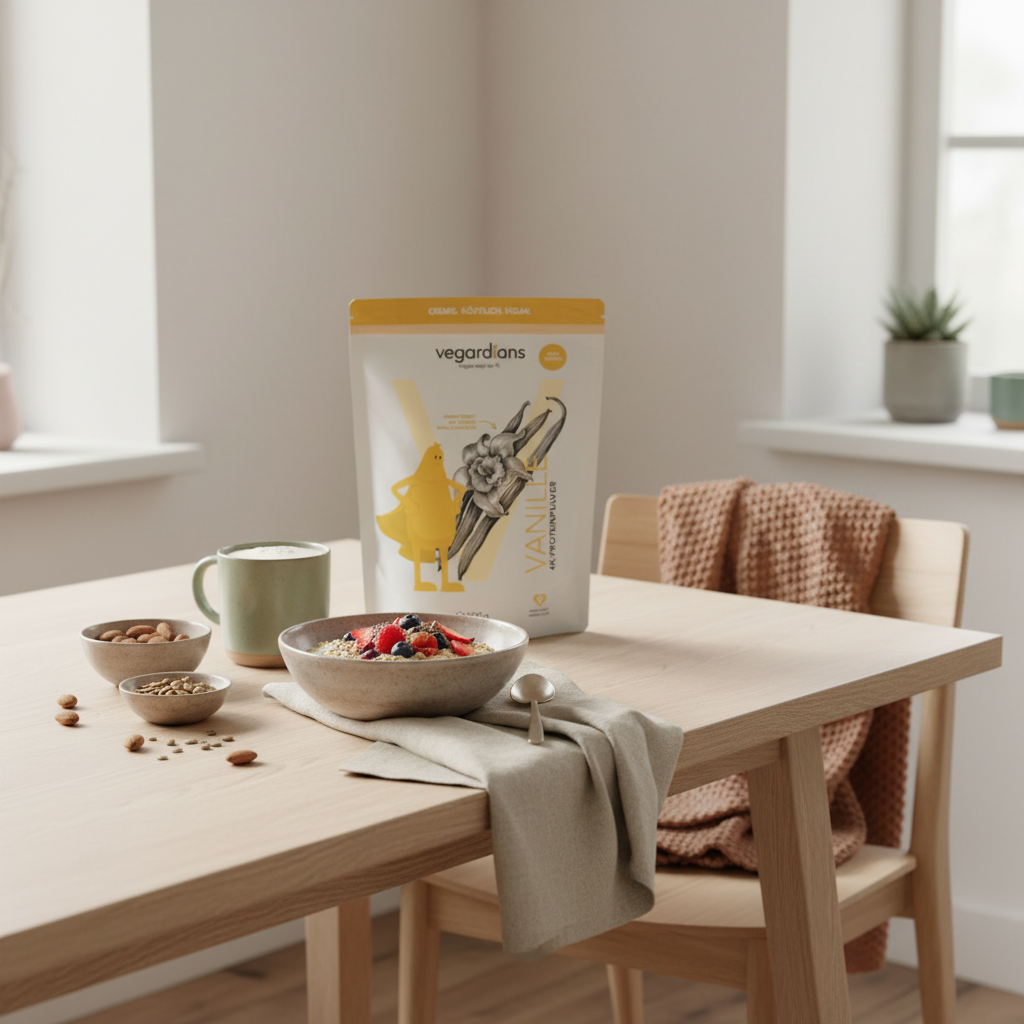 Minimalistische Morgenaufnahme: vegane Hafer-Schale mit Beeren, Nüssen und pflanzlichem Shake auf nachhaltigem Holztisch mit Leinenserviette – Lebensmittel gegen Bauchfett, ruhige Palette.