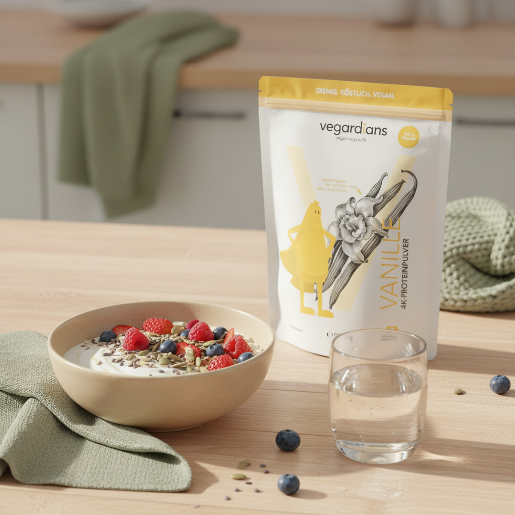 Vegane Protein-Bowl auf nachhaltigem Holztisch in sanftem Morgenlicht, gesundes Frühstück als Lebensmittel zum Abnehmen, Leinenserviette, Keramikschale, salbeigrüne Akzente