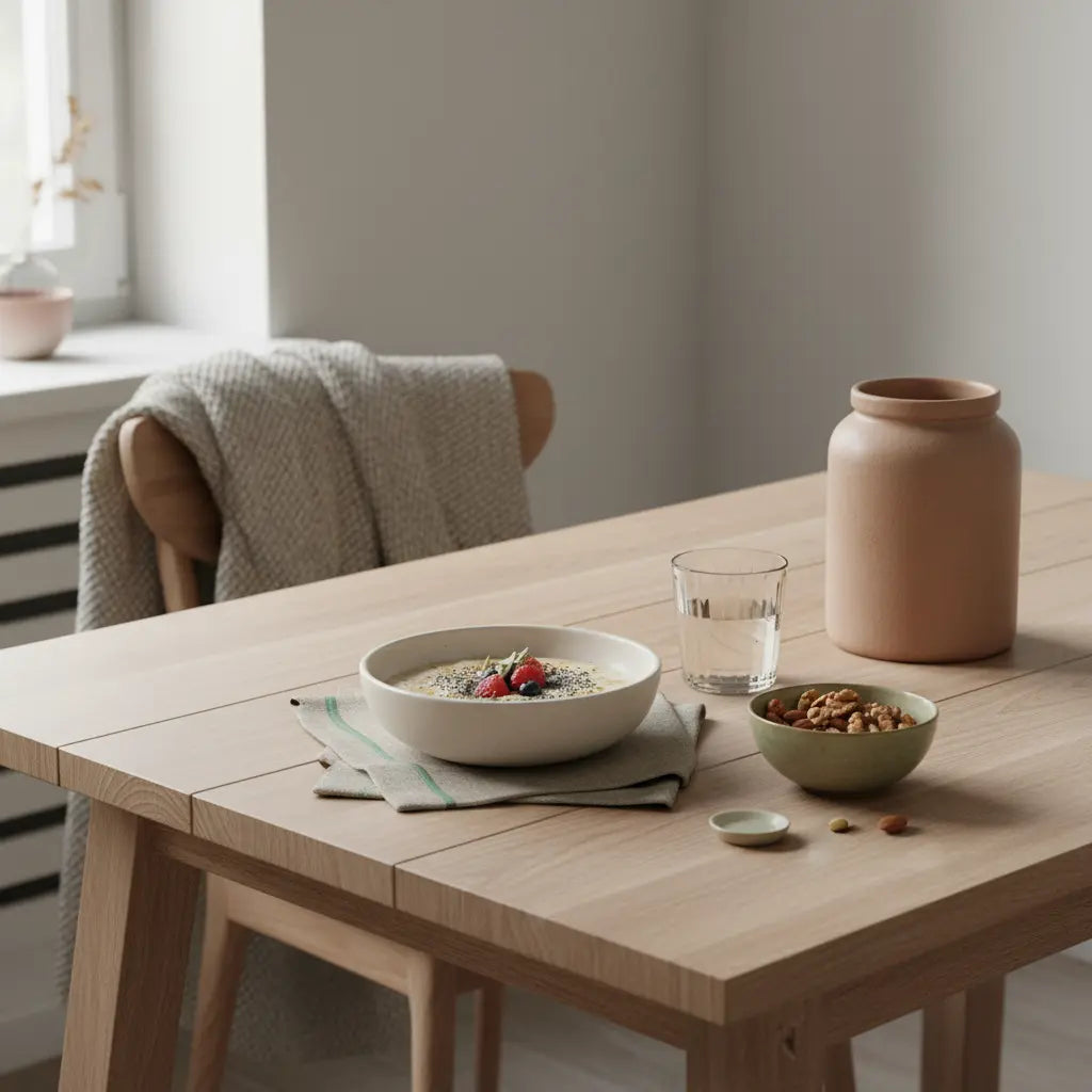 Minimalistische Frühstücksszene mit veganem Müsli, Proteinshake (Produkt aus Referenzfotos) und Nüssen auf nachhaltigem Holztisch im sanften Morgenlicht – lebensmittel zum abnehmen