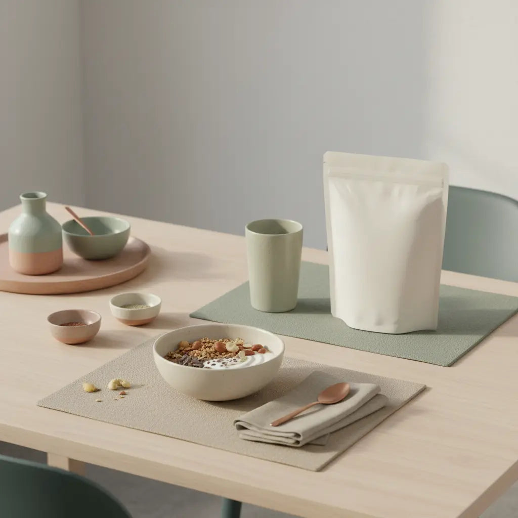 Minimalistisches Frühstück mit veganer Müslischüssel, Keramikshake und Vegardians-Produkt auf nachhaltigem Holztisch, lebensmittel zum fettabbau