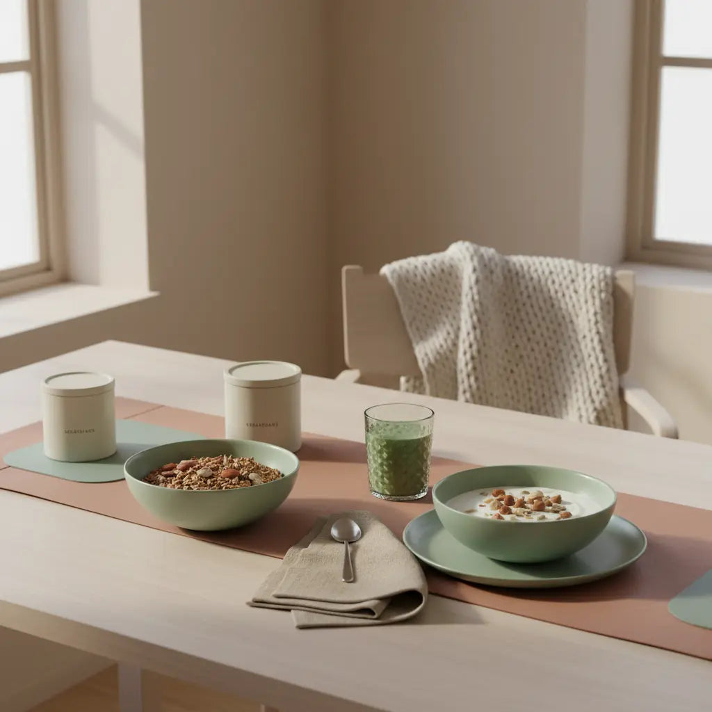 Minimalistisches veganes Frühstück in europäischer Küche bei Morgenlicht mit Granola, pflanzlichem Joghurt, Nüssen und Shake auf nachhaltigem Geschirr — Lebensqualität steigern