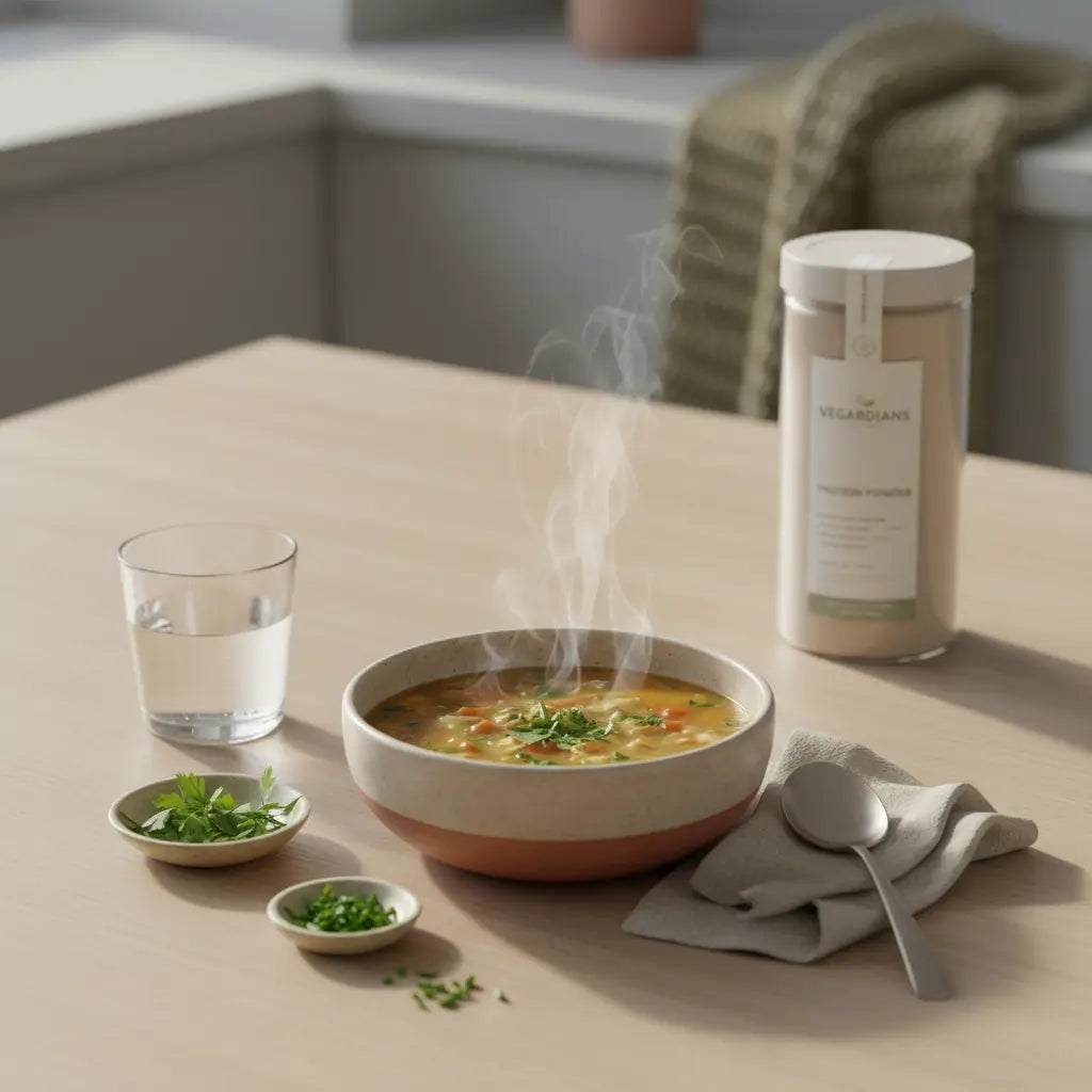 Minimalistische Morgen-Küchenszene mit dampfender Gemüsesuppe, Glas Wasser, frischen Kräutern und unscharfem Vegardians-Produkt – leichte suppe zum abnehmen
