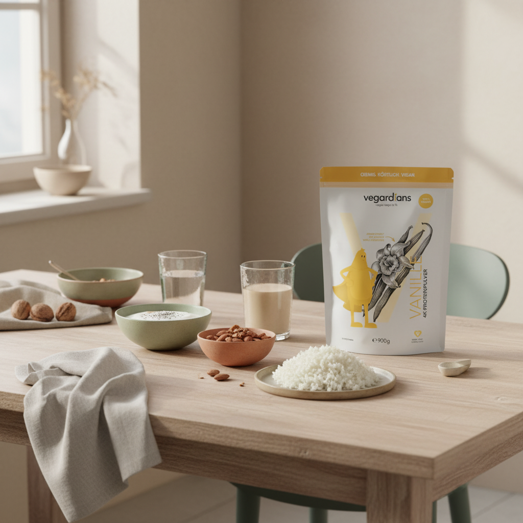 Low-Carb Frühstück auf nachhaltigem Holztisch: Joghurt‑Alternative, gehackte Nüsse, Proteinshake, Glas Wasser und Blumenkohlreis im sanften Morgenlicht.