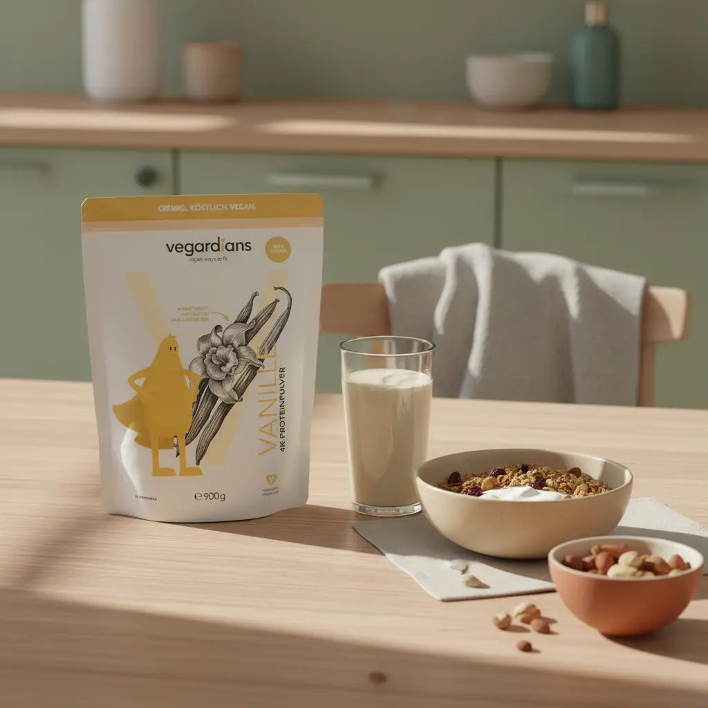 Low carb veganes Frühstück auf nachhaltigem Holztisch mit Müsli, Pflanzenjoghurt, Nüssen, Shake und Vegardians‑Produkt im sanften Morgenlicht, beige‑salbei‑terracotta Palette
