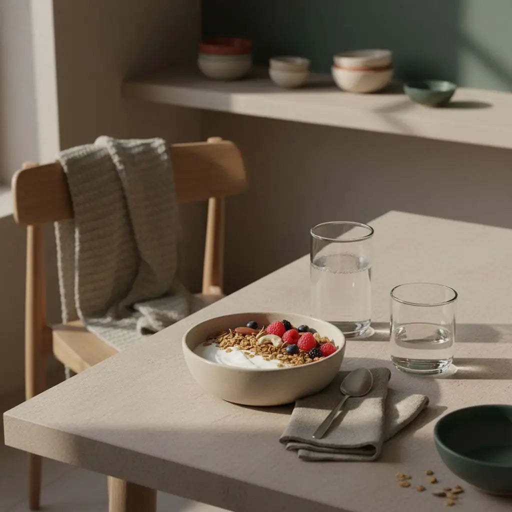 Low Carb veganes Frühstück mit Granola, Kokosjoghurt, Nüssen, Beeren und Protein‑Shake auf nachhaltigem Tisch, mit dem Produkt aus den Referenzfotos, minimalistisches, helles Küchenambiente.