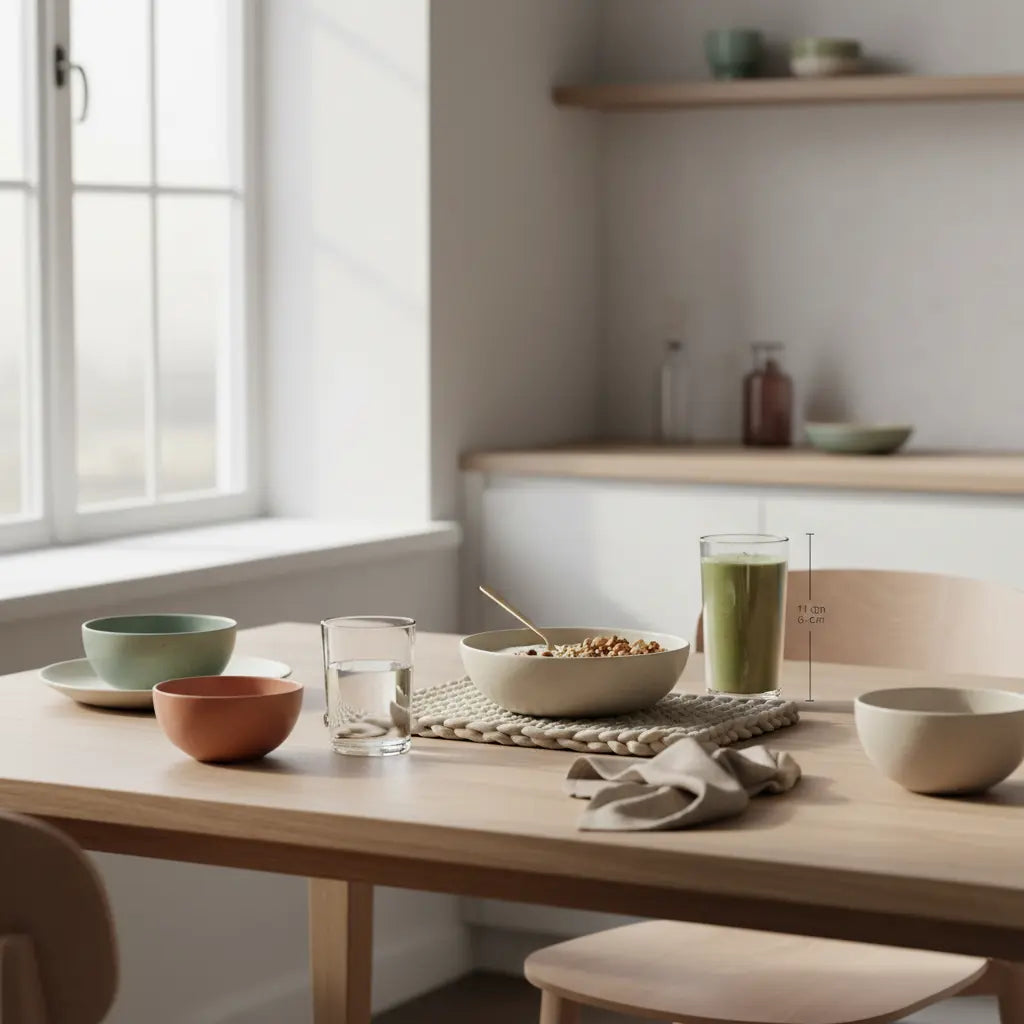 Minimalistisches veganes Frühstück mit Granola, Joghurt, Nüssen und Shake in einer europäischen Küche, natürlicher Morgenlicht-Stimmung, Betonung auf mageres Eiweiß