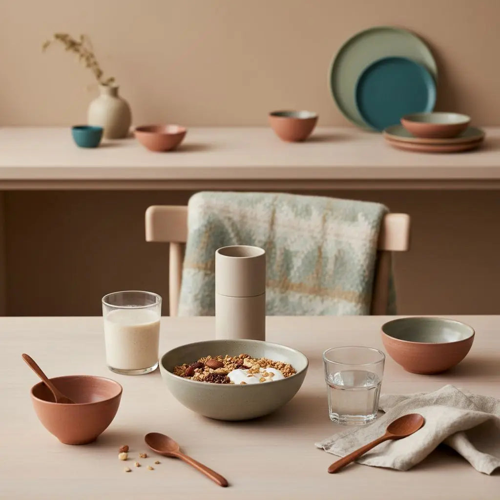 Minimalistisches Frühstück mit Granola, pflanzlichem Joghurt, Nüssen und Shake als Mahlzeitenersatz in einer hellen, europäischen Küche.