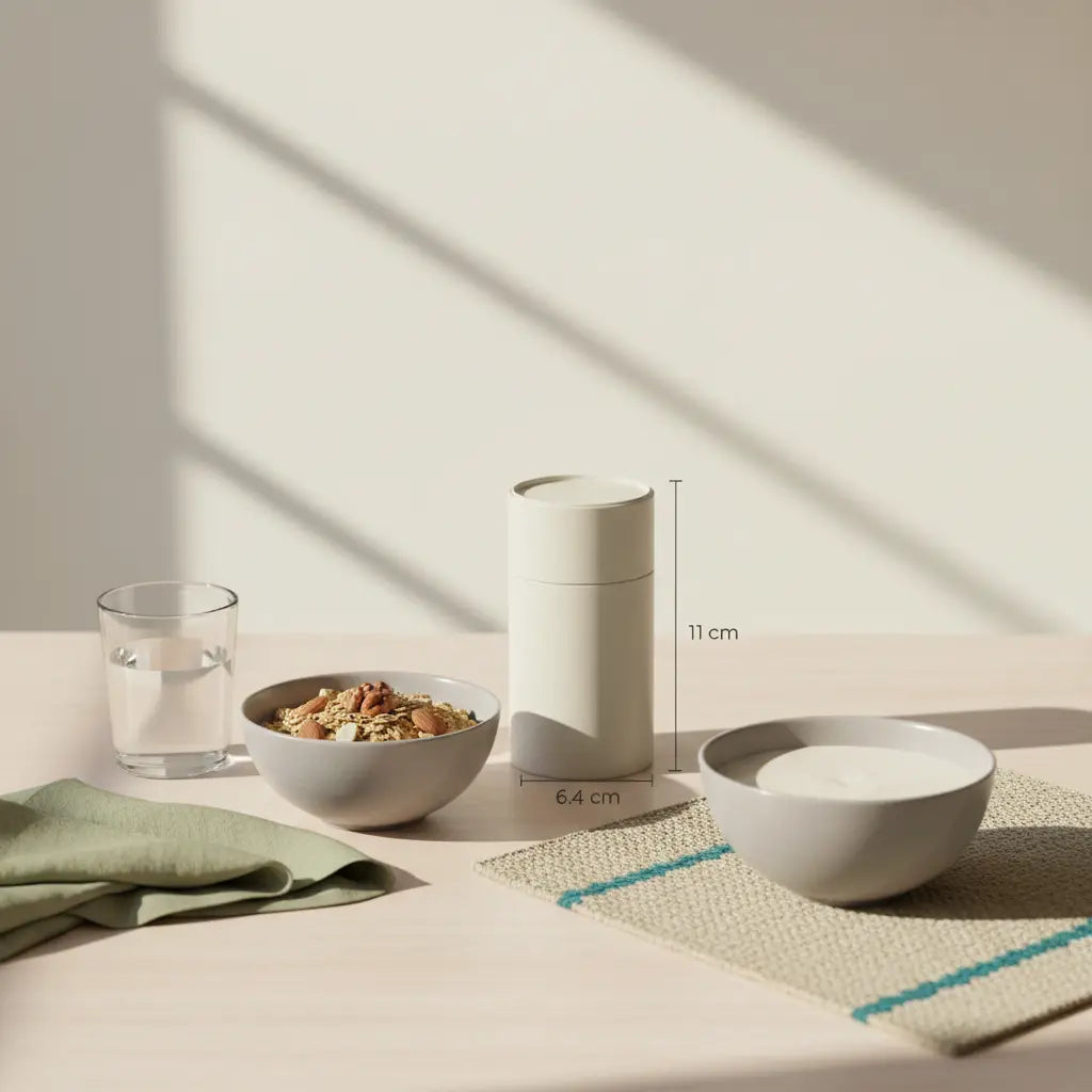 Mahlzeitenersatz Shake auf nachhaltigem Holztisch neben Müsli, Nüssen und Wasserglas im sanften Morgenlicht, Vegardians-Farbwelt #F7EDE6.