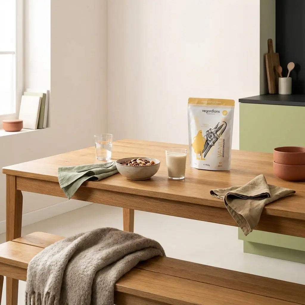 Minimalistische Morgenküche mit nachhaltigem Holztisch, Glas mit veganem Masse Shakes, Schale Müsli und Nüsse, Wolltexturen, Leinenservietten, Salbei- und Terrakotta-Töne.