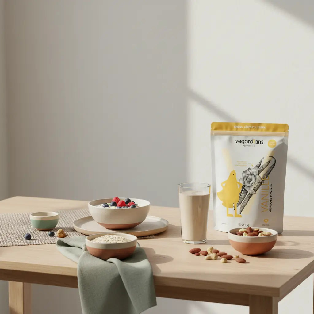 Minimalistische Frühstücksszene mit pflanzlichem Joghurt, Haferflocken, Nüssen und Shake auf nachhaltigem Tisch im Morgenlicht, harmonisch zur metabolischen Diät.