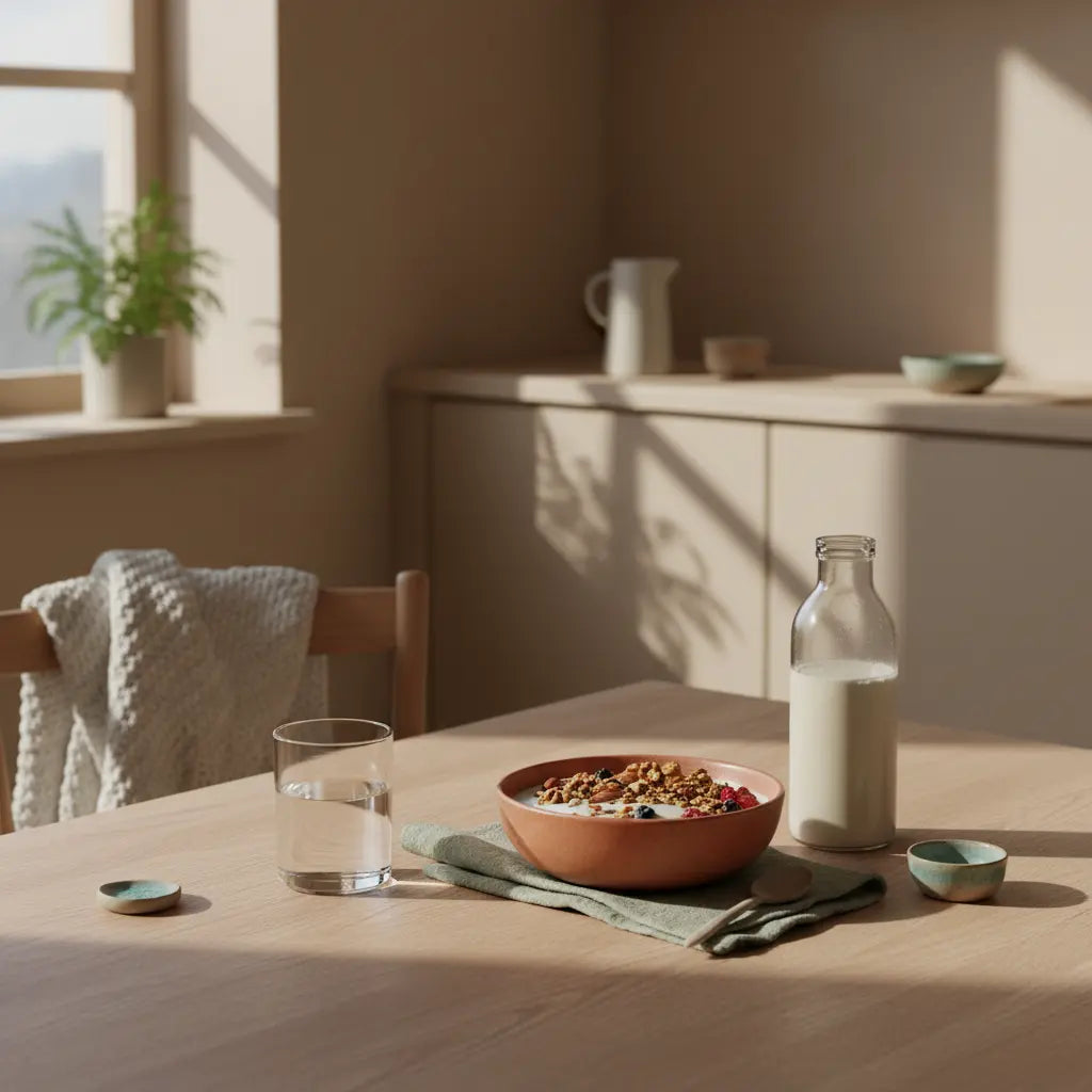 Minimalistisches veganes Frühstück in heller europäischer Küche mit Granola, pflanzlichem Joghurt, Nüssen, Shake und dem Produkt aus den Referenzfotos — milchprodukte bodybuilder meiden