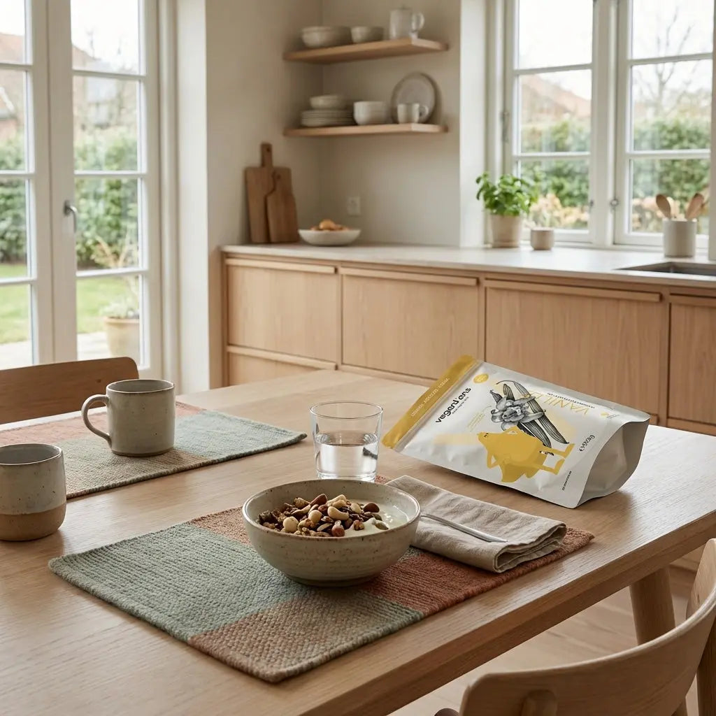 Minimalistische Küchenaufnahme mit nachhaltigem Frühstück: Müsli, pflanzlicher Joghurt, Nüsse und ein geschlossener Protein‑Probebeutel auf Holztisch, vermittelt mindset abnehmen.