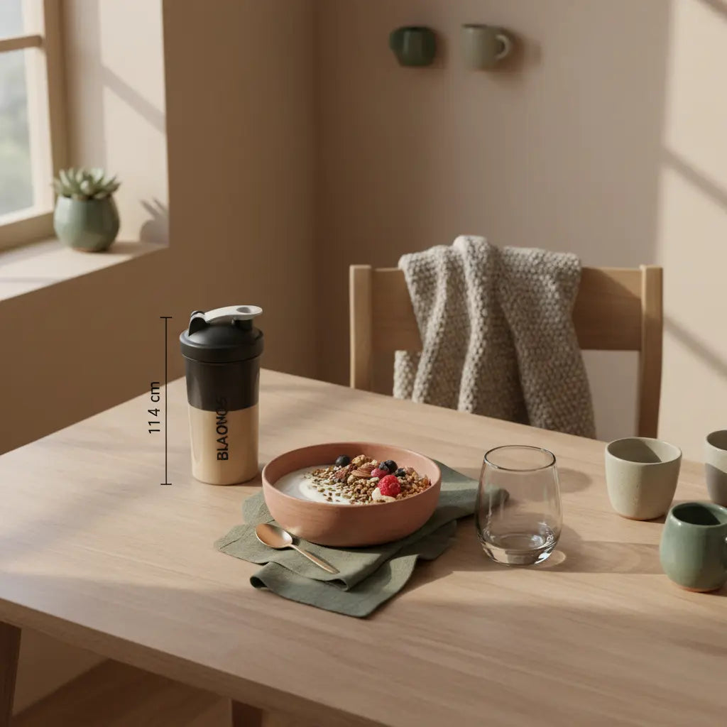 Minimalistischer Frühstückstisch in europäischer Küche mit Granola, pflanzlichem Joghurt und Shake – ruhig, nährend, Motivation aufbauen.