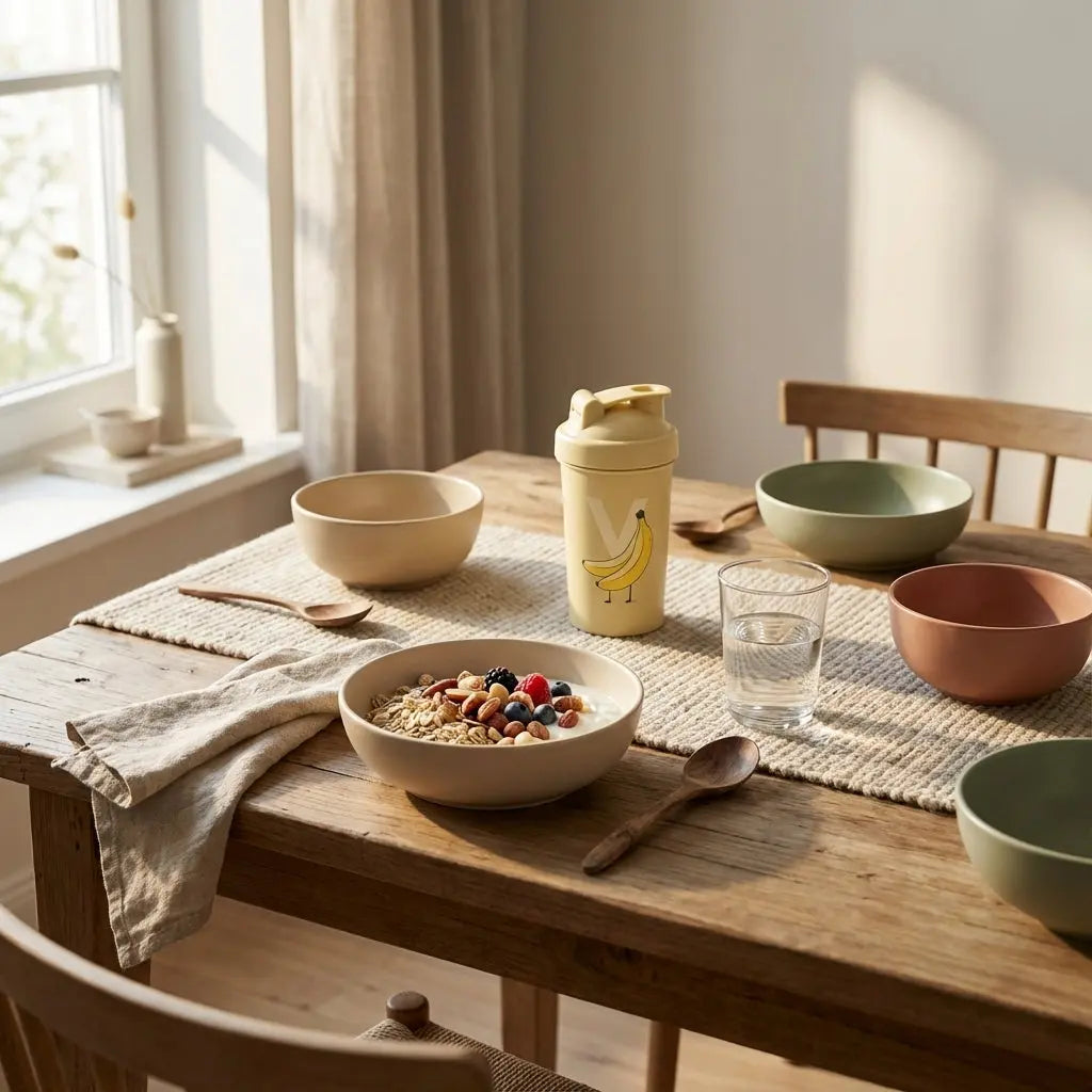 Sanftes Morgenlicht auf nachhaltigem Küchentisch mit Protein-Müsli, Glas Wasser, neutralem Shaker und Hafer, Nüssen, Beeren – Motivation beim Abnehmen.