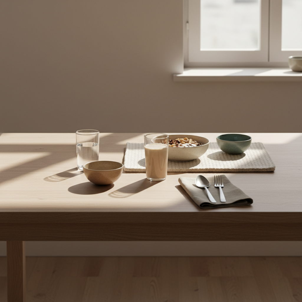 Motivation beim Sport: minimalistisches Frühstück mit Granola, pflanzlichem Joghurt, Nüssen und Shake auf nachhaltigem Holztisch im warmen Morgenlicht