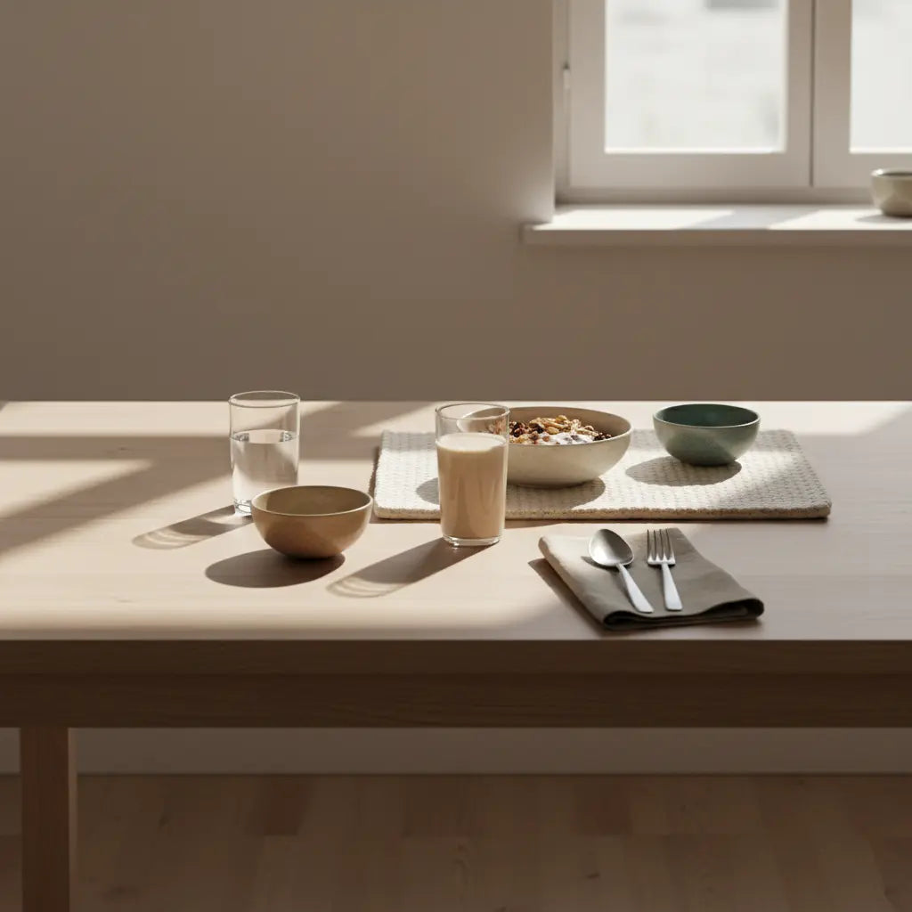 Motivation beim Sport: minimalistisches Frühstück mit Granola, pflanzlichem Joghurt, Nüssen und Shake auf nachhaltigem Holztisch im warmen Morgenlicht