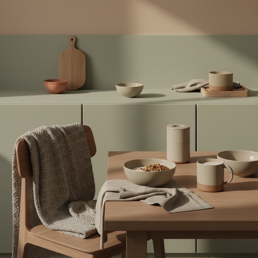 Veganes Frühstück mit Granola, pflanzlichem Joghurt, Nüssen und Shake in minimalistischer Vegardians-Ästhetik auf nachhaltigem Tisch — Motivation Fitnessstudio