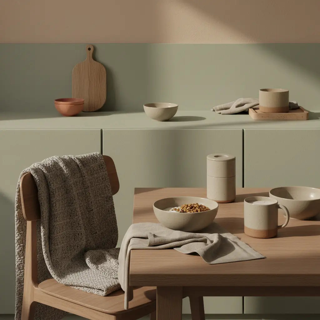 Veganes Frühstück mit Granola, pflanzlichem Joghurt, Nüssen und Shake in minimalistischer Vegardians-Ästhetik auf nachhaltigem Tisch — Motivation Fitnessstudio