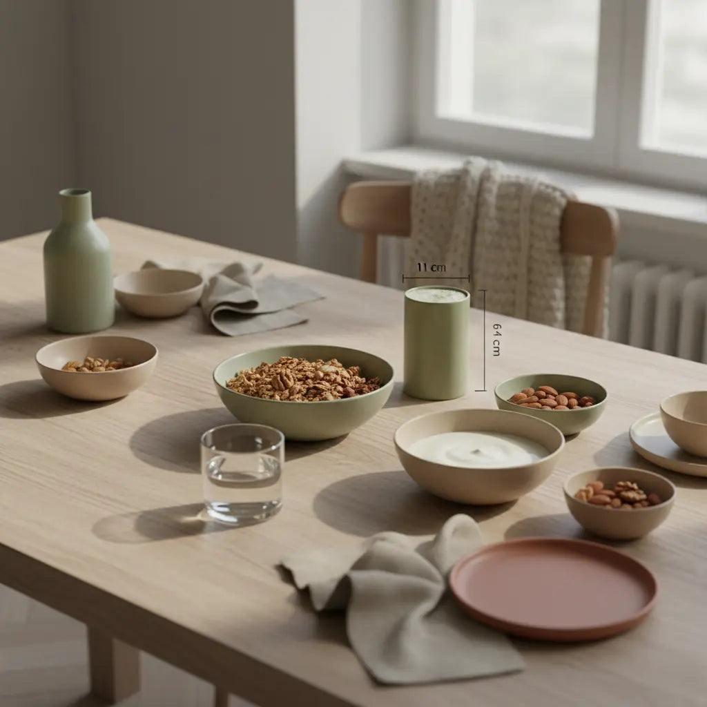 Minimalistisches Frühstück mit Granola, veganem Joghurt, Nüssen und Shake auf nachhaltigem Tisch im Morgenlicht – Motivation fürs Fitnessstudio