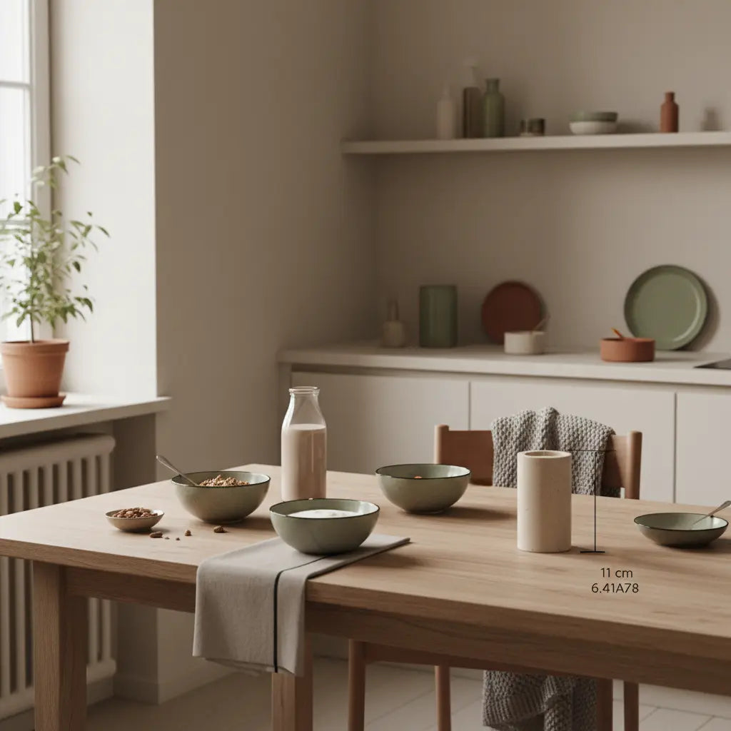 Langsames Morgenfrühstück mit Granola, Joghurt, Nüssen und Shake auf nachhaltigem Holztisch in ruhiger, erdiger Ästhetik – Motivation fürs Training