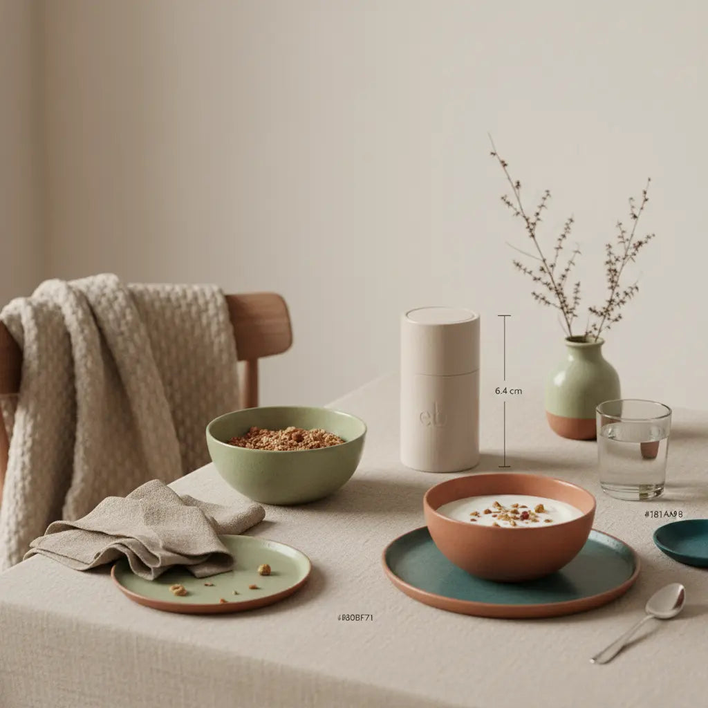 Aufgeräumter Frühstückstisch mit veganem Granola, Joghurt, Nüssen, Shake und Wasserglas in ruhiger beige-sage-Terrakotta-Palette – Motivation für das Training.