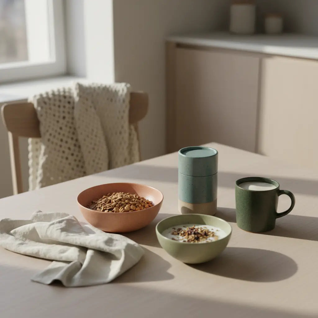 Vegardians Frühstück: Granola, pflanzlicher Joghurt, Nüsse und Shake auf nachhaltigem Tisch im sanften Morgenlicht – ruhige Slow-Living-Atmosphäre, Motivation im Fitnessstudio