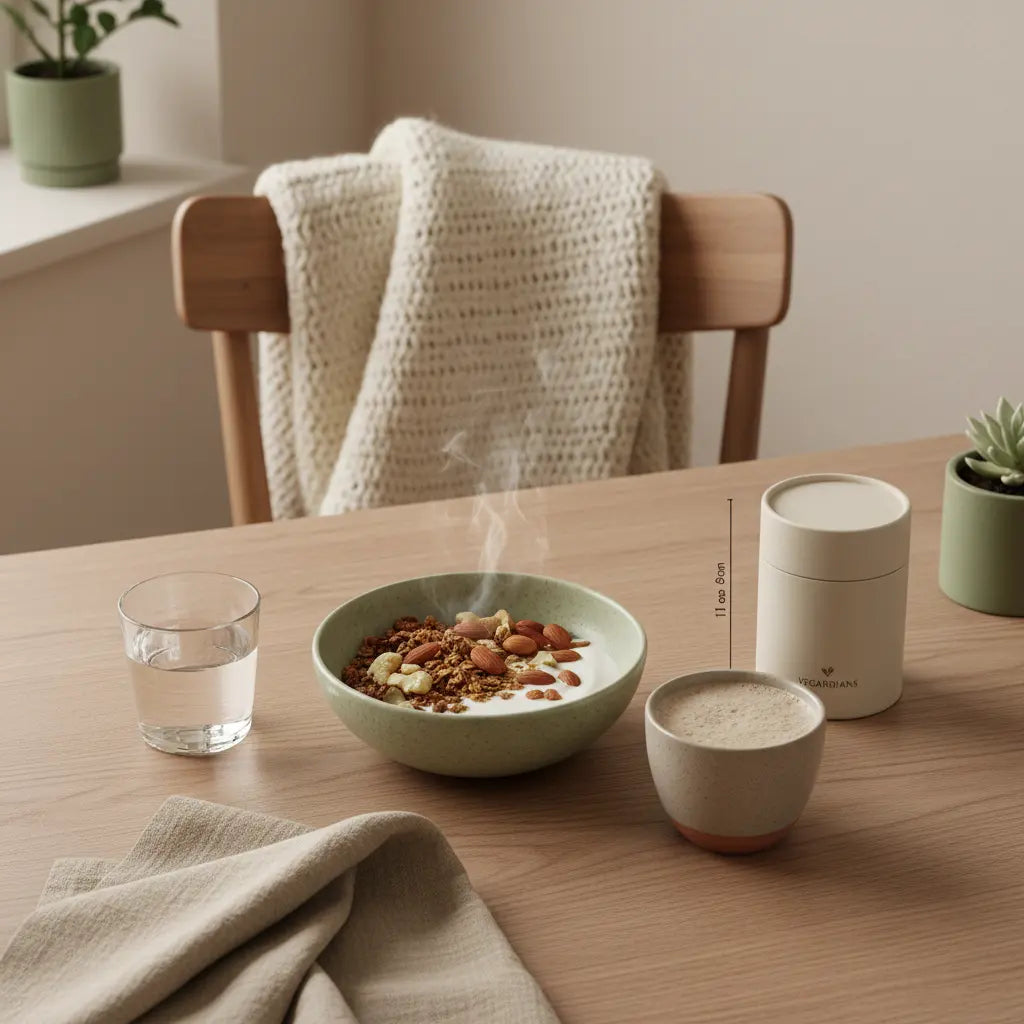 Minimalistisches veganes Frühstück mit Granola, Joghurt, Nüssen und Shake auf nachhaltigem Tisch im sanften Morgenlicht – Motivation im Winter, ruhige nährende Atmosphäre.