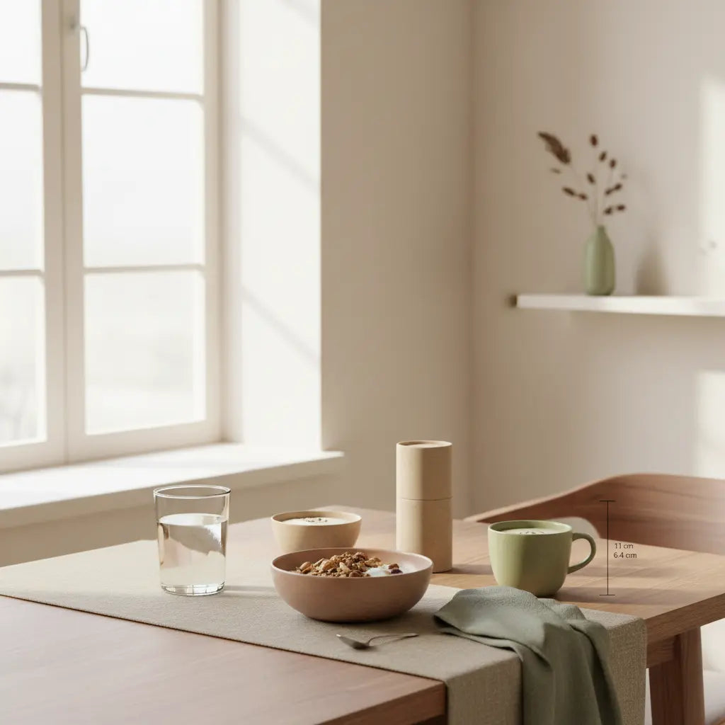 Motivation im Winter: Ruhiges, minimalistisches Frühstück in einer europäischen Küche mit Granola, Joghurt, Nüssen und Shake in erdigen Beige- und Salbei-Tönen