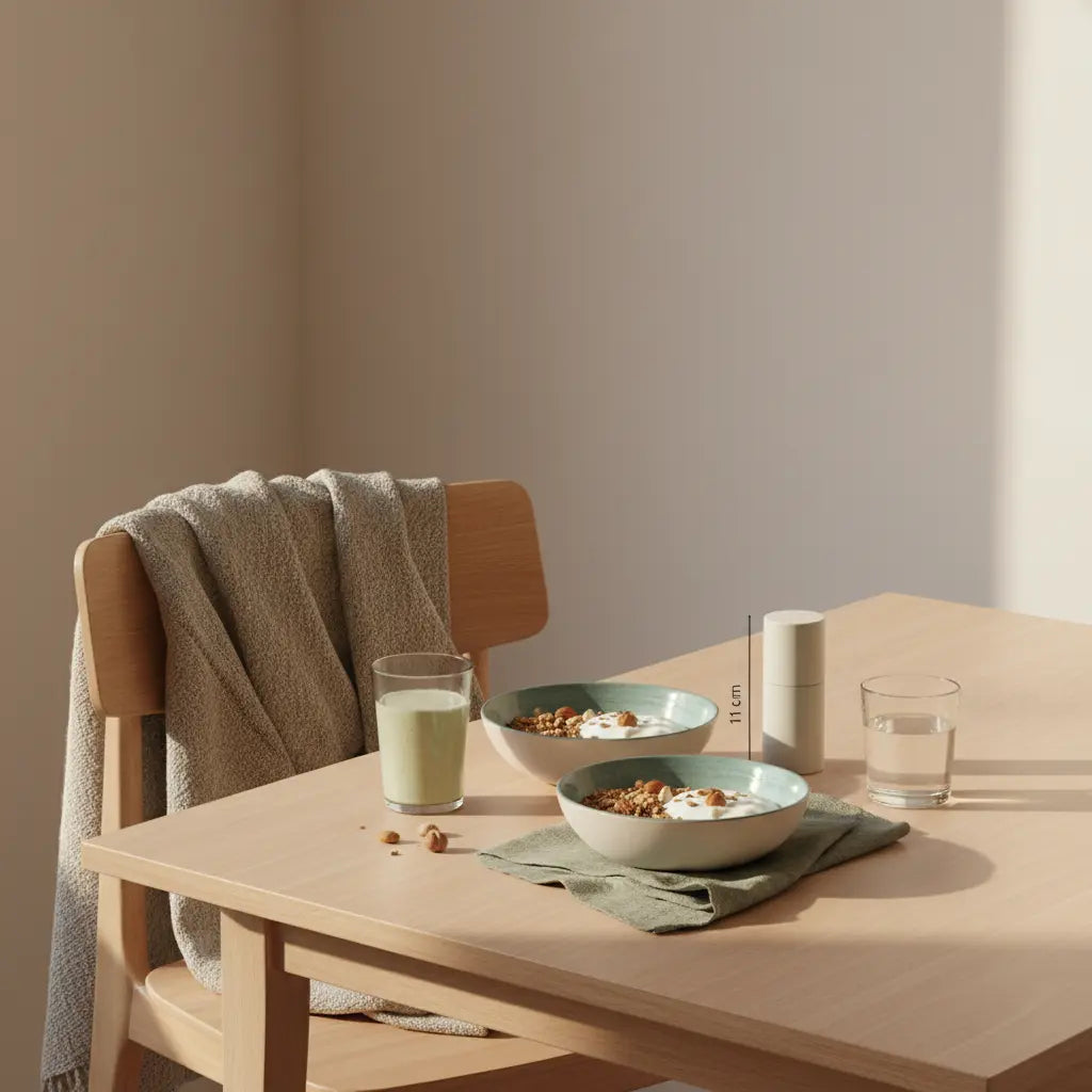 Ruhiges Winterfrühstück in europäischer Küche mit Granola, Joghurt, Nüssen, Shake und Produkt aus den Referenzfotos – Motivation im Winter