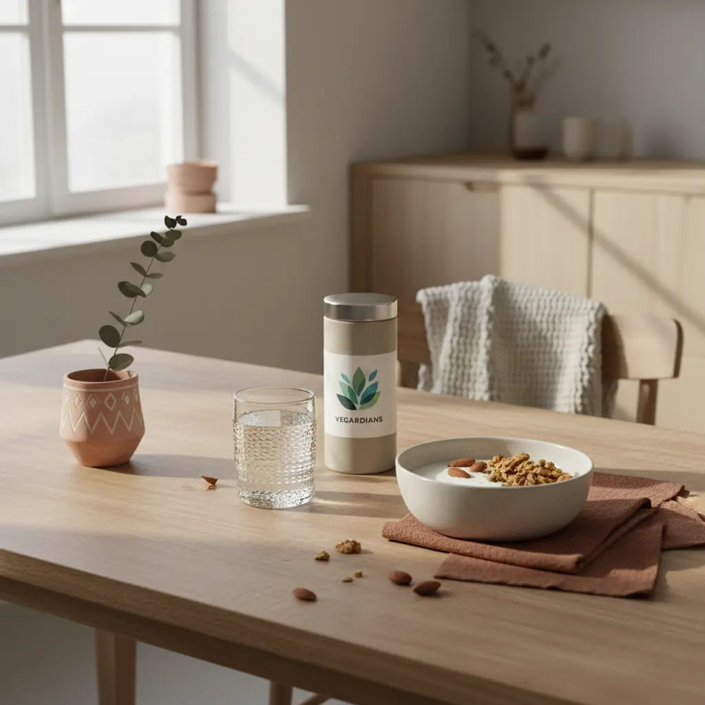 Motivation im Winter: Ruhiges Morgenszenario mit veganer Granola, Joghurt, Nüssen, Proteinshake und Glas Wasser auf nachhaltigem Tisch, mit Woll- und Leinentexturen.