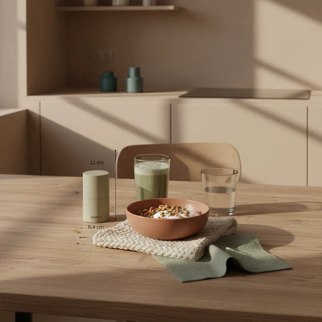 Minimalistisches Frühstück mit Granola, Joghurt, Nüssen und Shake in einer europäischen Küche im weichen Morgenlicht, dezente Wolltexturen und Keramik – motivation im winter