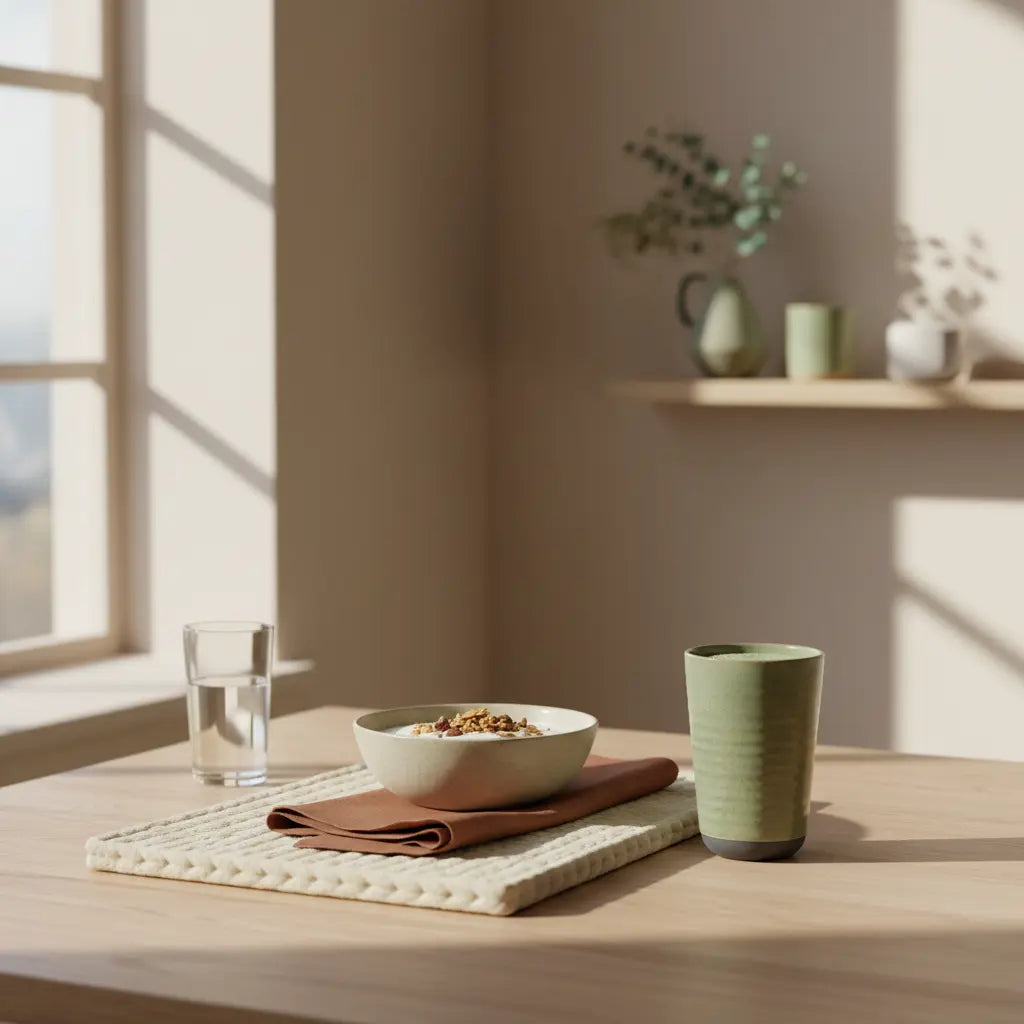 Minimalistisches Winterfrühstück in europäischer Küche mit Granola, Joghurt, Nüssen, veganem Shake und Glas Wasser, gemütliche Woll- und Leinen-Details – motivation im winter