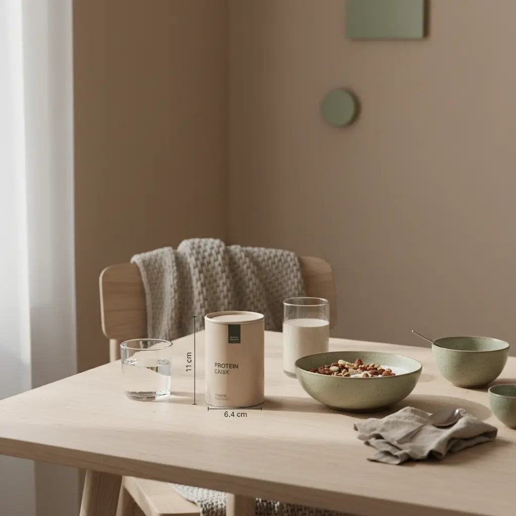 Motivation trainieren – minimalistisches Frühstück mit Granola, pflanzlichem Joghurt, Nüssen und Shake auf einem nachhaltigen, aufgeräumten Tisch in beige-salbeigrüner Farbpalette.