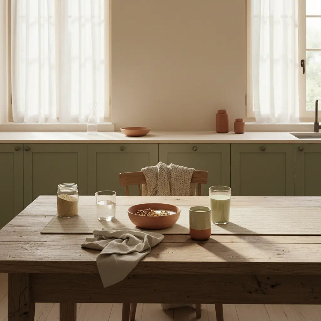 Minimalistisches veganes Frühstück mit Granola, pflanzlichem Joghurt, Nüssen und Shake auf nachhaltigem Tisch im sanften Morgenlicht – Motivationsfaktoren.