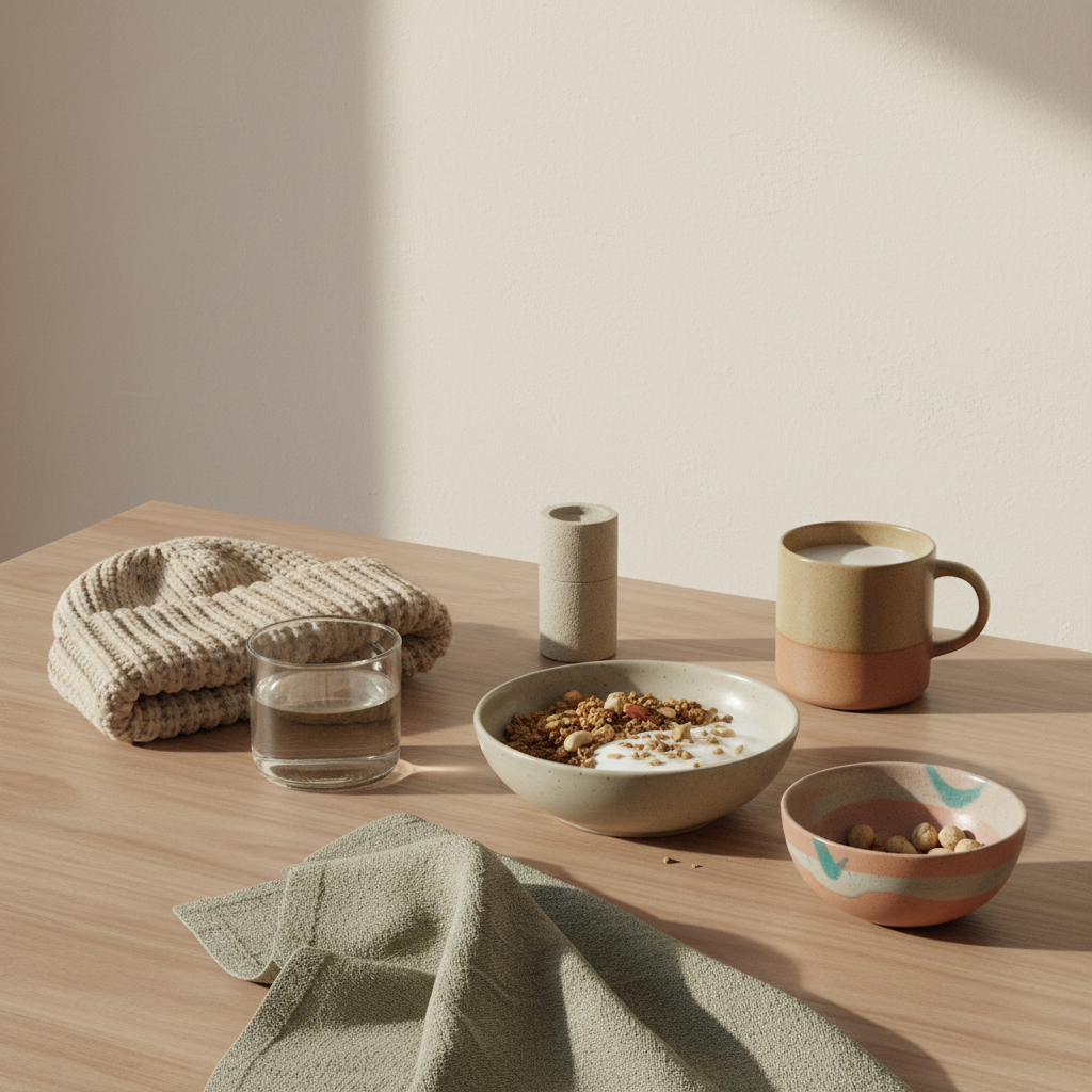 Minimalistisches Frühstück: vegane Granola-Bowl, Joghurt, Shake und Produkt aus Referenzfotos in warmer, erdiger Küchenstimmung. Motivationssprüche fürs Fitnessstudio