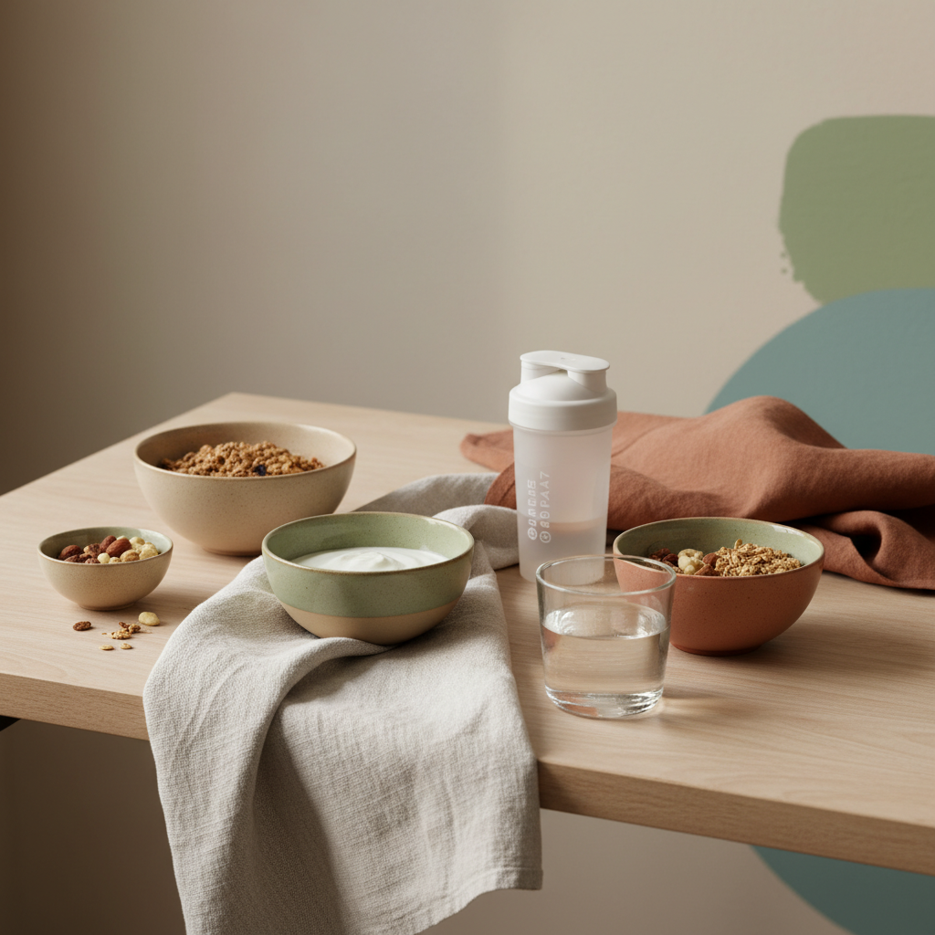 Langsames, nährendes Frühstück auf Holztisch mit Granola, Joghurt, Nüssen und Shake im dezenten Shaker (das Produkt aus den Referenzfotos), Leinen- und Wolltexturen, Farbpalette beige, Salbei und mattes Terrakotta. Motivationszitate für Fitness