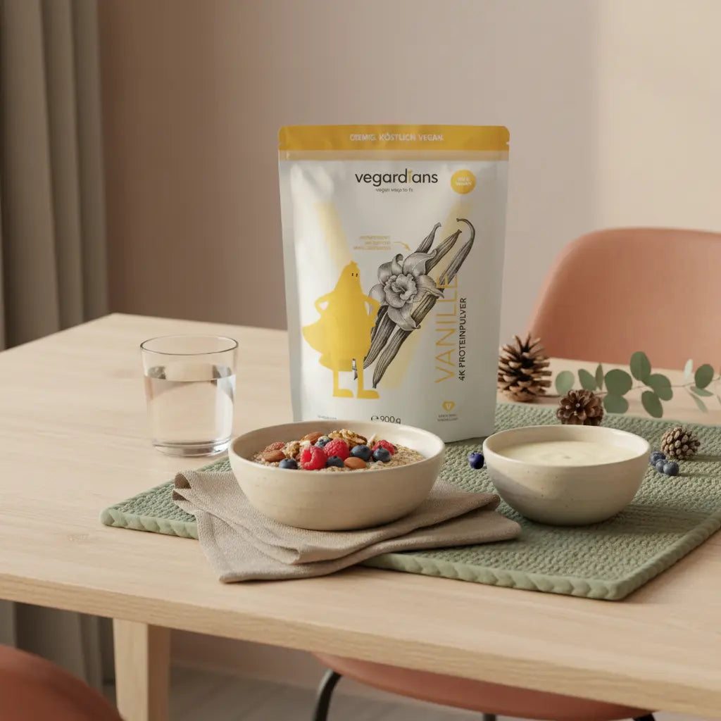 Ruhige, nachhaltige Morgenküche mit Hafer, Nüssen, Beeren, Wasserglas und pflanzlichem Proteinshake auf Holztisch – nahrhaftes Frühstück für Muskelaufbau 10 Pfund