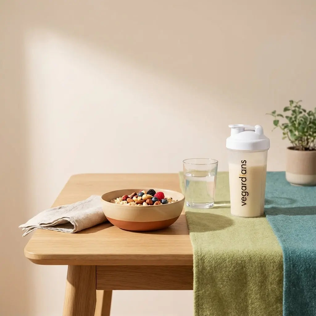 Minimalistische Morgenlicht-Küchenszene mit veganem Protein-Müsli, Glas Wasser und Vegardians-Shaker, nahrhaftes Frühstück für muskelaufbau ab 50
