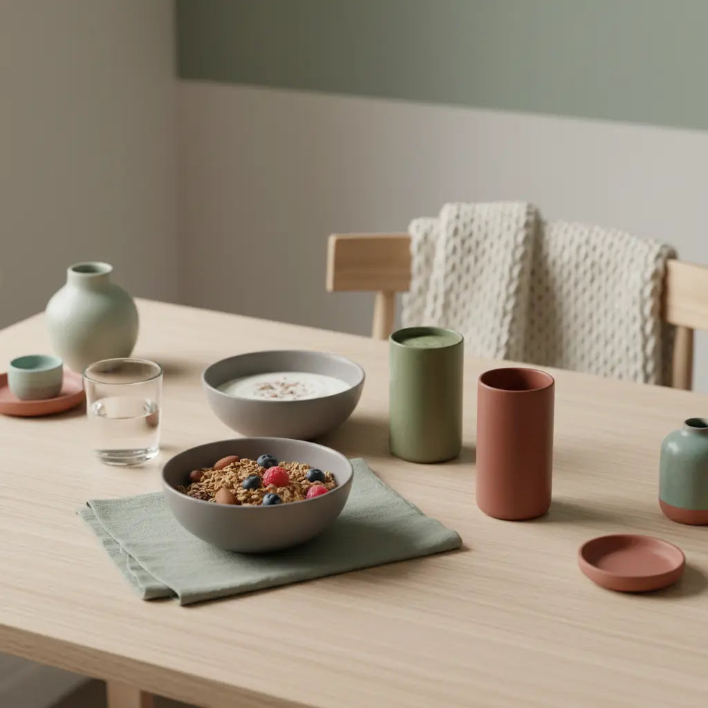 Veganes Frühstück mit Granola, Joghurt, Nüssen und Shake auf nachhaltigem Holztisch im weichen Morgenlicht, ruhige nahrhafte Szene – Muskelaufbau Dauer