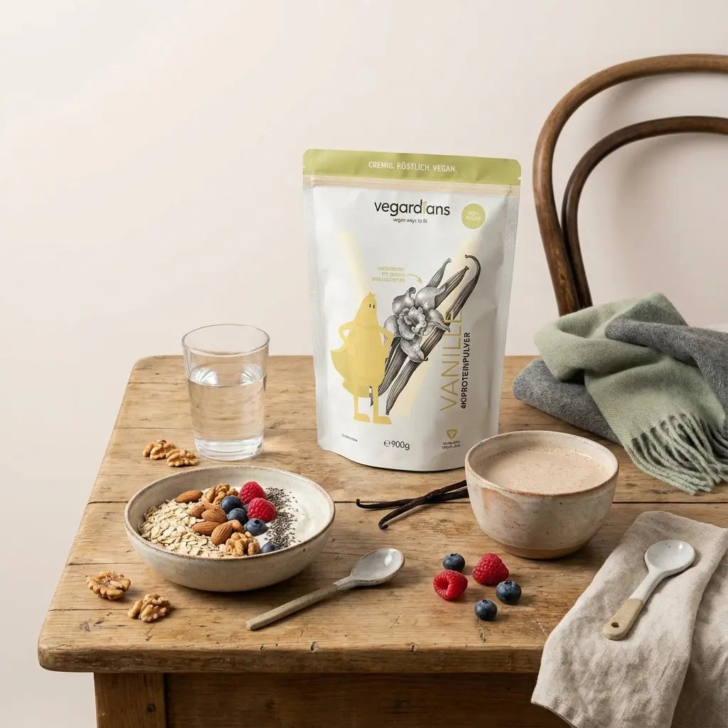 Minimalistische Morgen-Küchenszene mit veganem proteinreichen Haferbrei, Nüssen, Beeren und Proteinshake auf Tisch – Fokus Muskelaufbau Ernährung